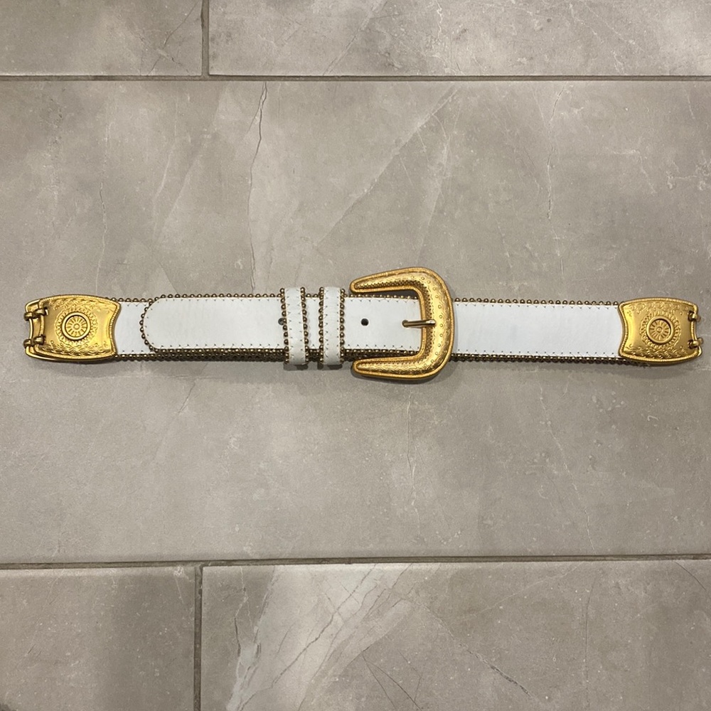 Rare Vintage White Leather Belt with Gold Tone Features